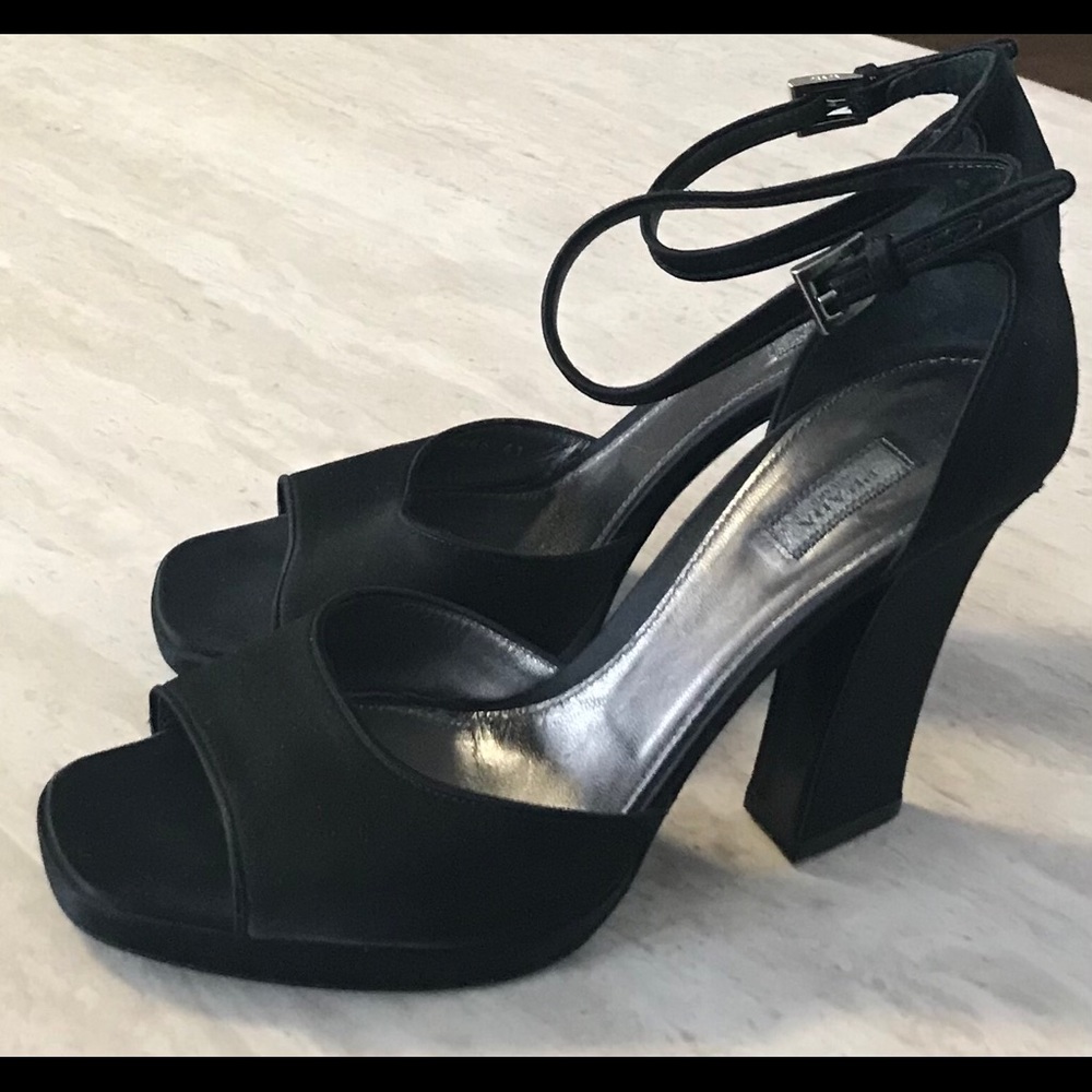Prada Black Satin Peep Toe Ankle Strap Heels Sz 10